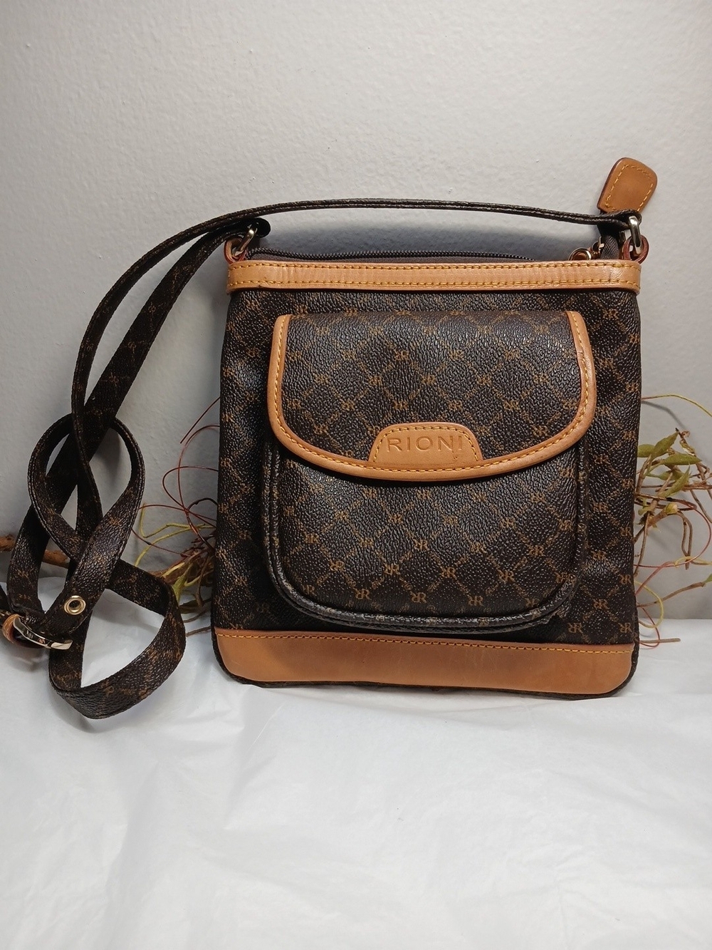 Rioni Brown Monogram Canvas Crossbody Tan Leather Trim *NEW With Imperfections*